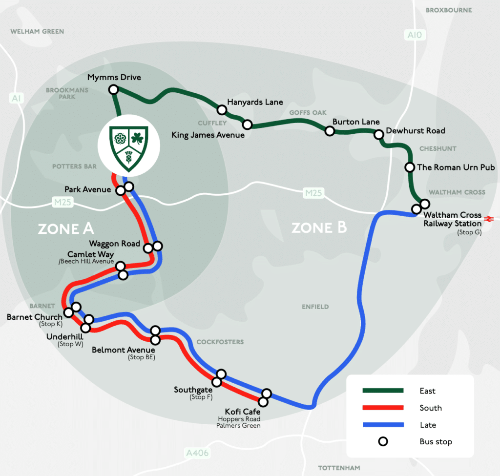 Transit map with coloured routes (red: East, green: South, blue: Late) connecting stops, transport hubs marked by circles, and key locations labelled in Zones A and B. Waltham Cross Railway Station is at the eastern end.